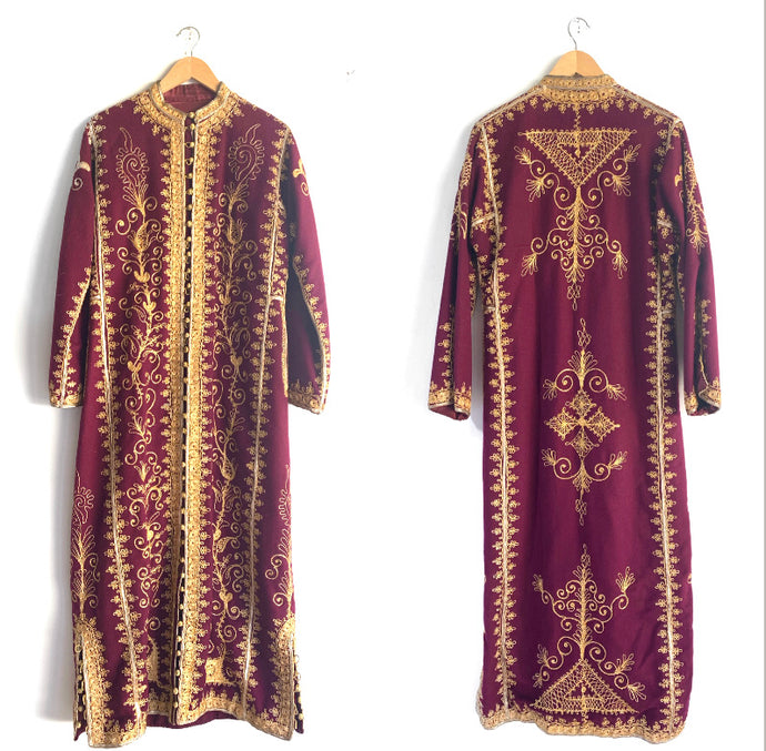 Vintage Kaftan Robe, Boho Hippie Wool Caftan hand sewn gold soutache