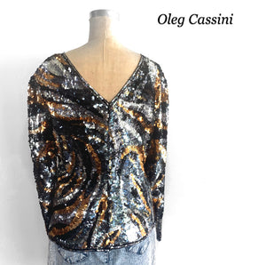 Oleg Cassini Sequin Animal Stripe Top, Vintage Embellished Silk Top
