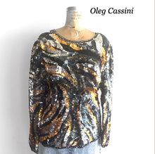 Load image into Gallery viewer, Oleg Cassini Sequin Animal Stripe Top, Vintage Embellished Silk Top
