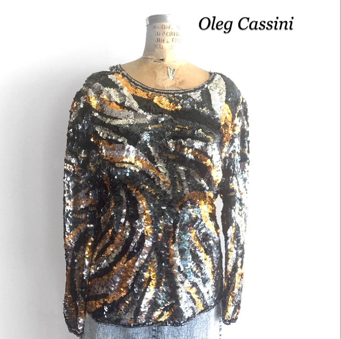 Oleg Cassini Sequin Animal Stripe Top, Vintage Embellished Silk Top