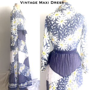 Vintage Floral Patchwork Maxi, 60s 70s Bohemian Hostess Dress